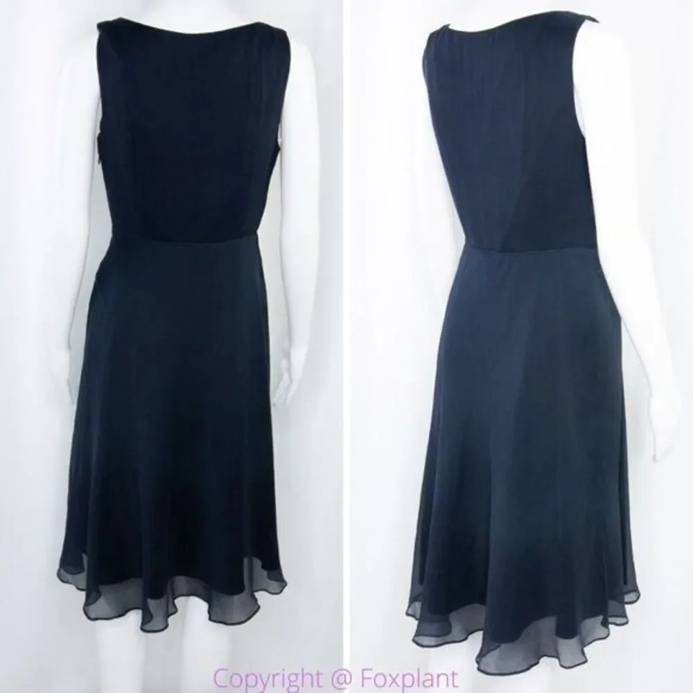 Jcrew 100% silk asymmetric hem V neck navy blue midi dress, size 2‎